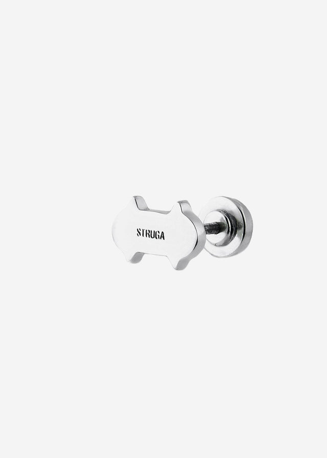 Mirror-polished white metal stud earring, solid spurred body engraved STRUGA, threaded disc back, off-white studio — STRUGA