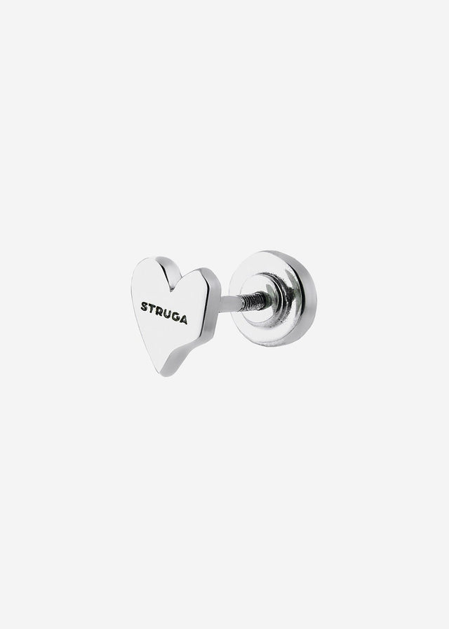 Heart-shaped stud earring in mirror-polished cool white metal, engraved face, screw-back post, pale studio shot — STRUGA